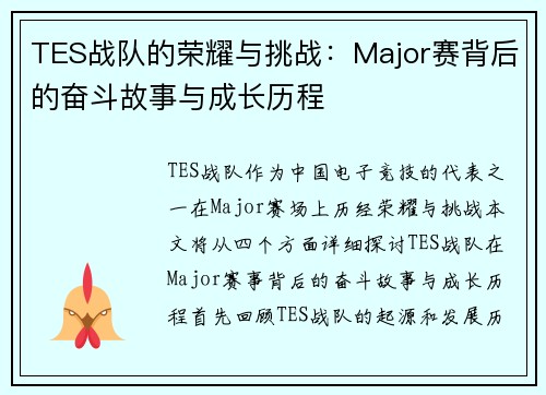 TES战队的荣耀与挑战：Major赛背后的奋斗故事与成长历程